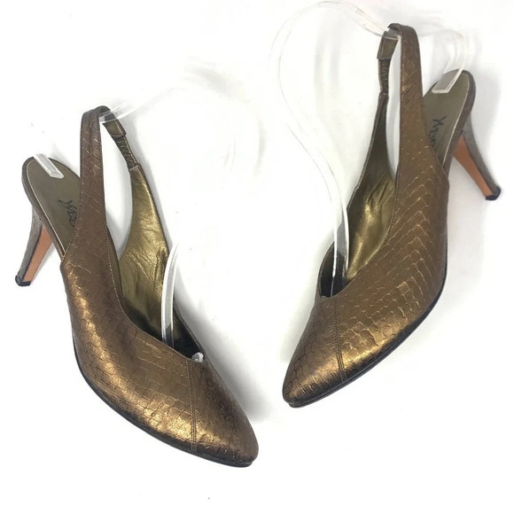 Yves Saint Laurent YSL Crocodile Slingback Heel Bronze Gold‎ Size US 8.5 - Picture 2 of 12